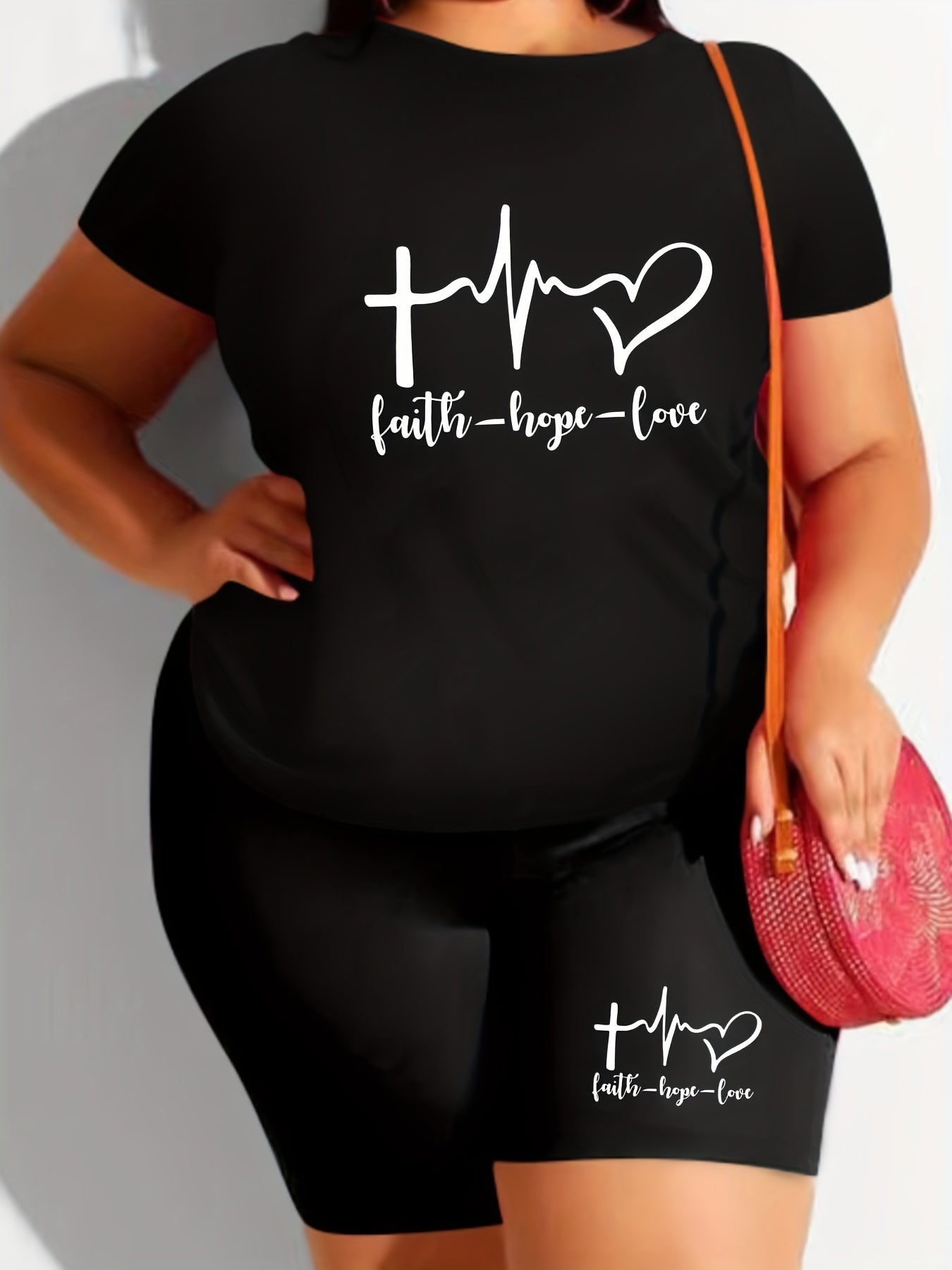 Women's Plus Size Art Letter Print Crop Top & Shorts Set