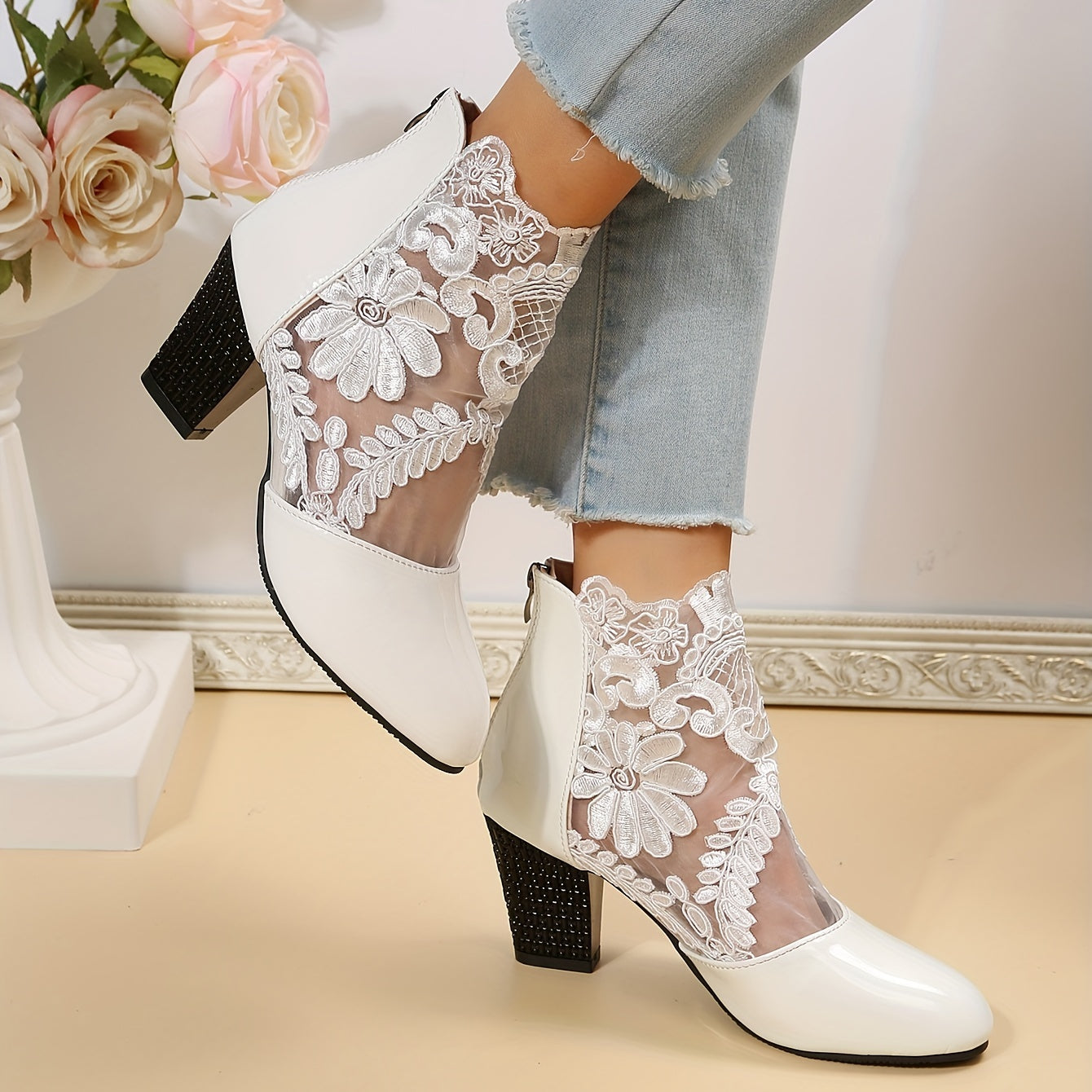 Floral Lace Ankle Boots Pointed Toe Chunky Heeled Versatile High Heeled Boots