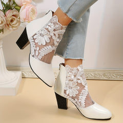 Floral Lace Ankle Boots Pointed Toe Chunky Heeled Versatile High Heeled Boots
