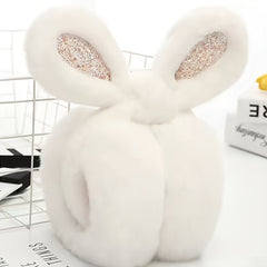 Plush Rabbit Ear Warmers Glitter Accents Cozy Winter Earmuffs for Women