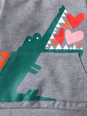 Cartoon Crocodile Print Boys Casual Pullover Sweatshirt