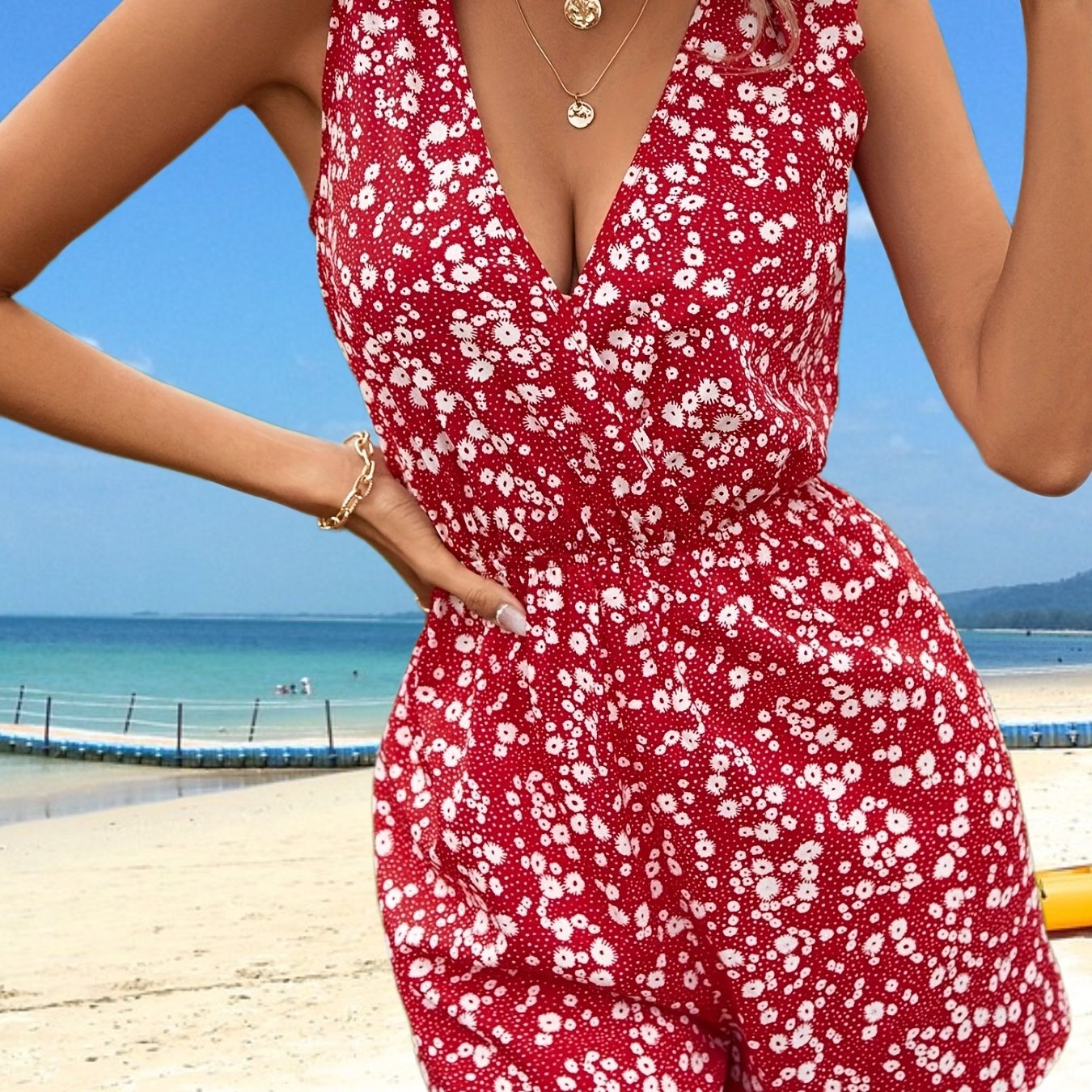 Floral Print V Neck Romper Jumpsuit Sleeveless Sexy Women's Clothing