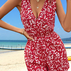 Floral Print V Neck Romper Jumpsuit Sleeveless Sexy Women's Clothing