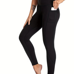 Solid Sports Leggings With Pocket High Stretch Yoga Workout Tight Pants