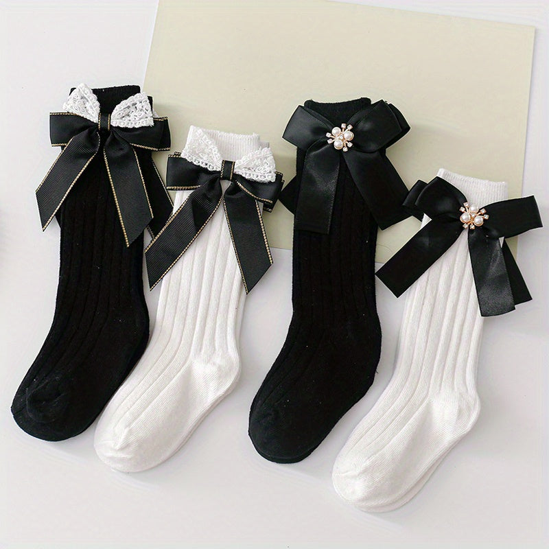 4 Pairs Baby Girls Knee High Socks Infants Bow Ruffled Stockings 0-12 Years