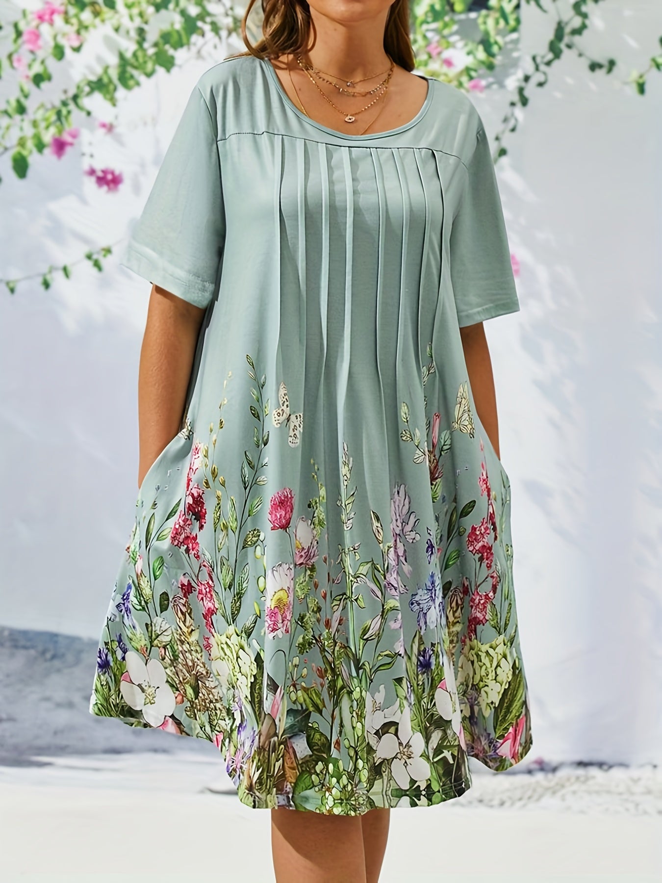 Floral Print Short Sleeve Pleated Dress