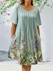 Floral Print Short Sleeve Pleated Dress