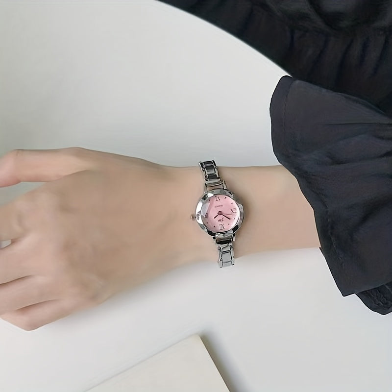 Children's Pink Dial Stainless Steel Round Wrist Watch