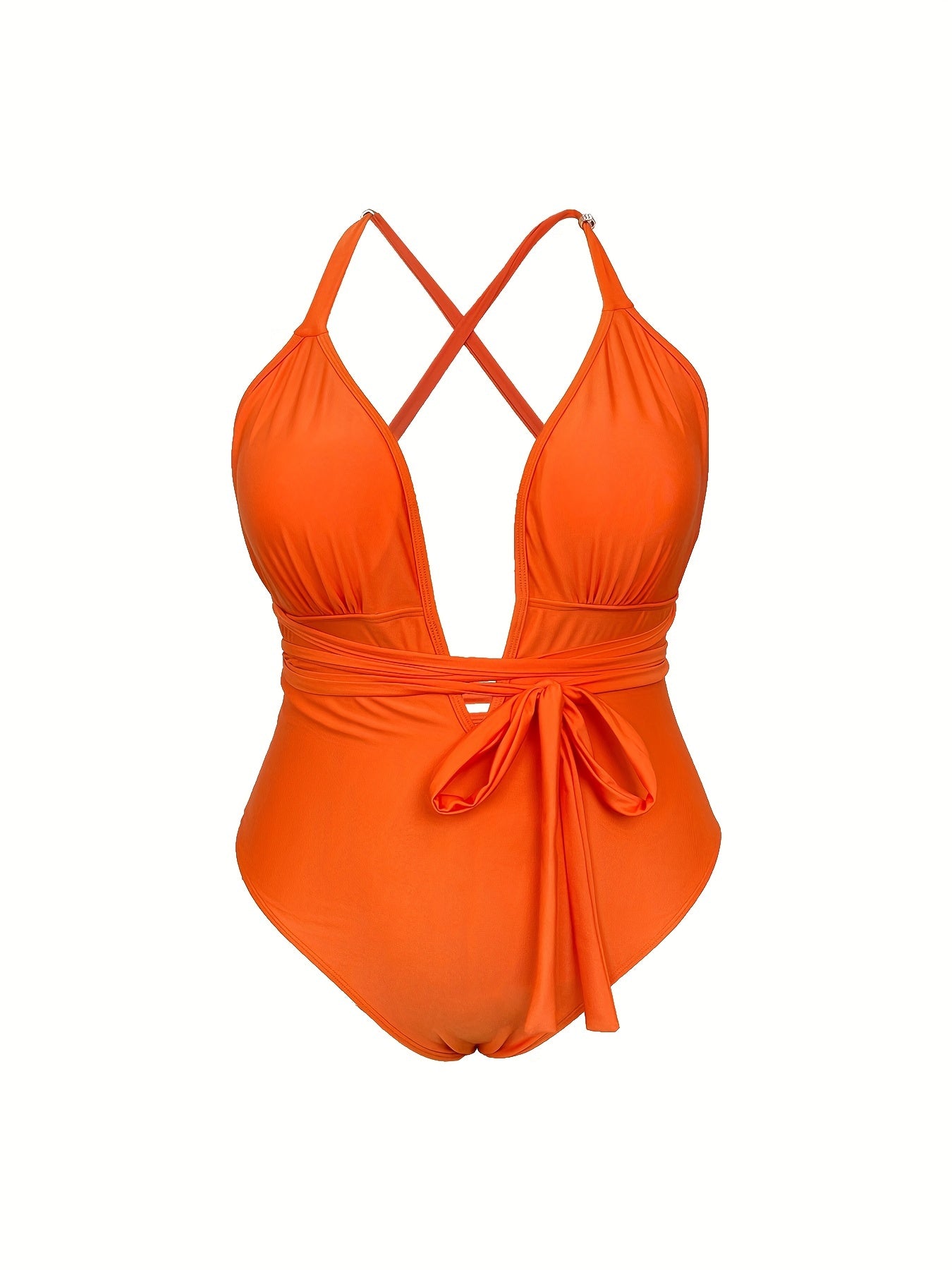 Solid Deep V Neck One Piece Swimsuit With Belt