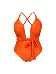 Solid Deep V Neck One Piece Swimsuit With Belt