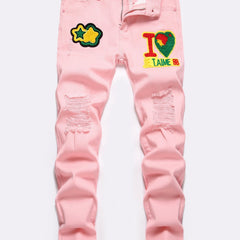 Men Pink Graphic Patch Detail Ripped Frayed Jeans