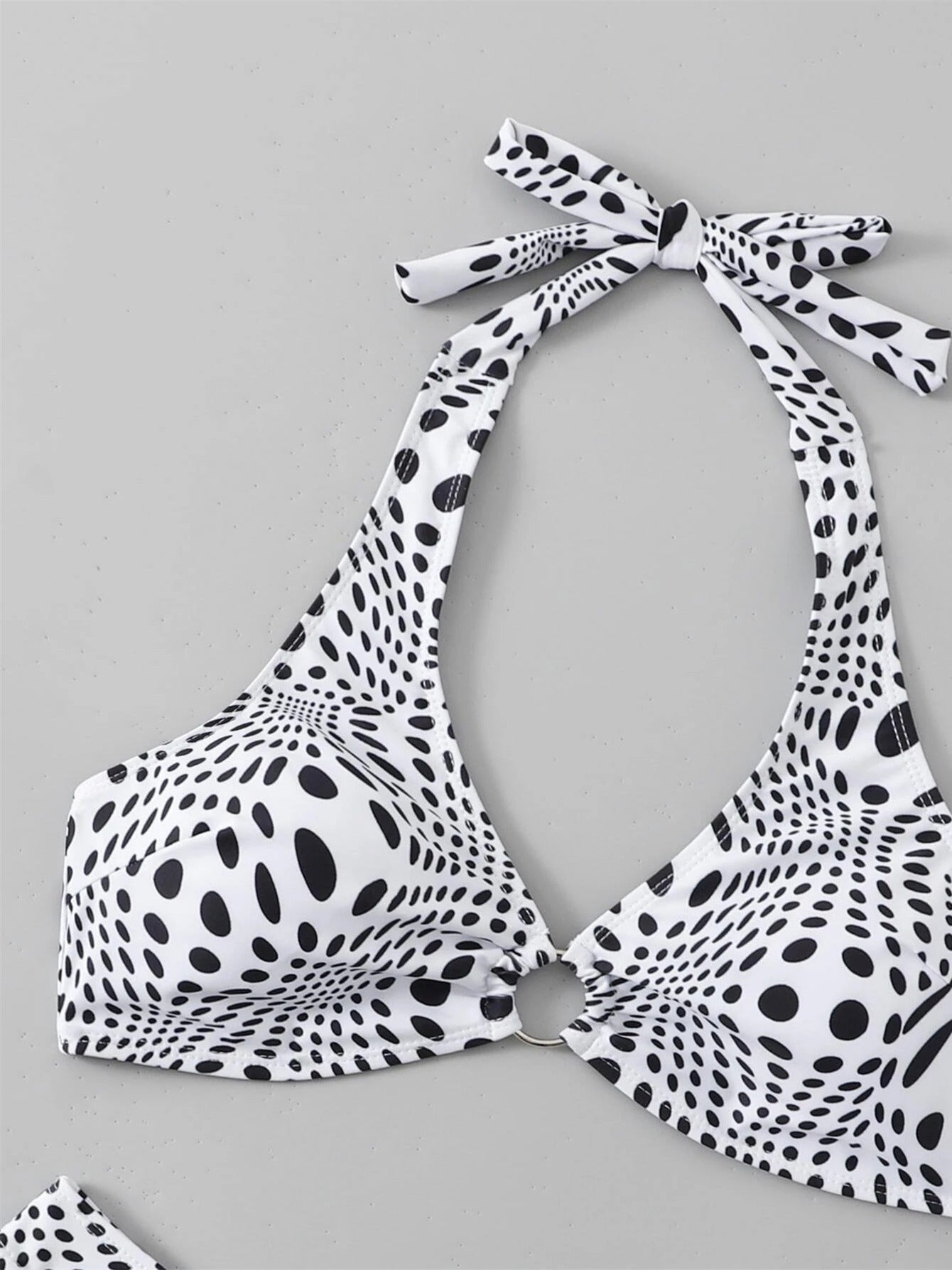 Polka Dot Halter Neck Bikini Set V Neck Ring Linked Tie Back Backless