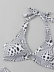 Polka Dot Halter Neck Bikini Set V Neck Ring Linked Tie Back Backless
