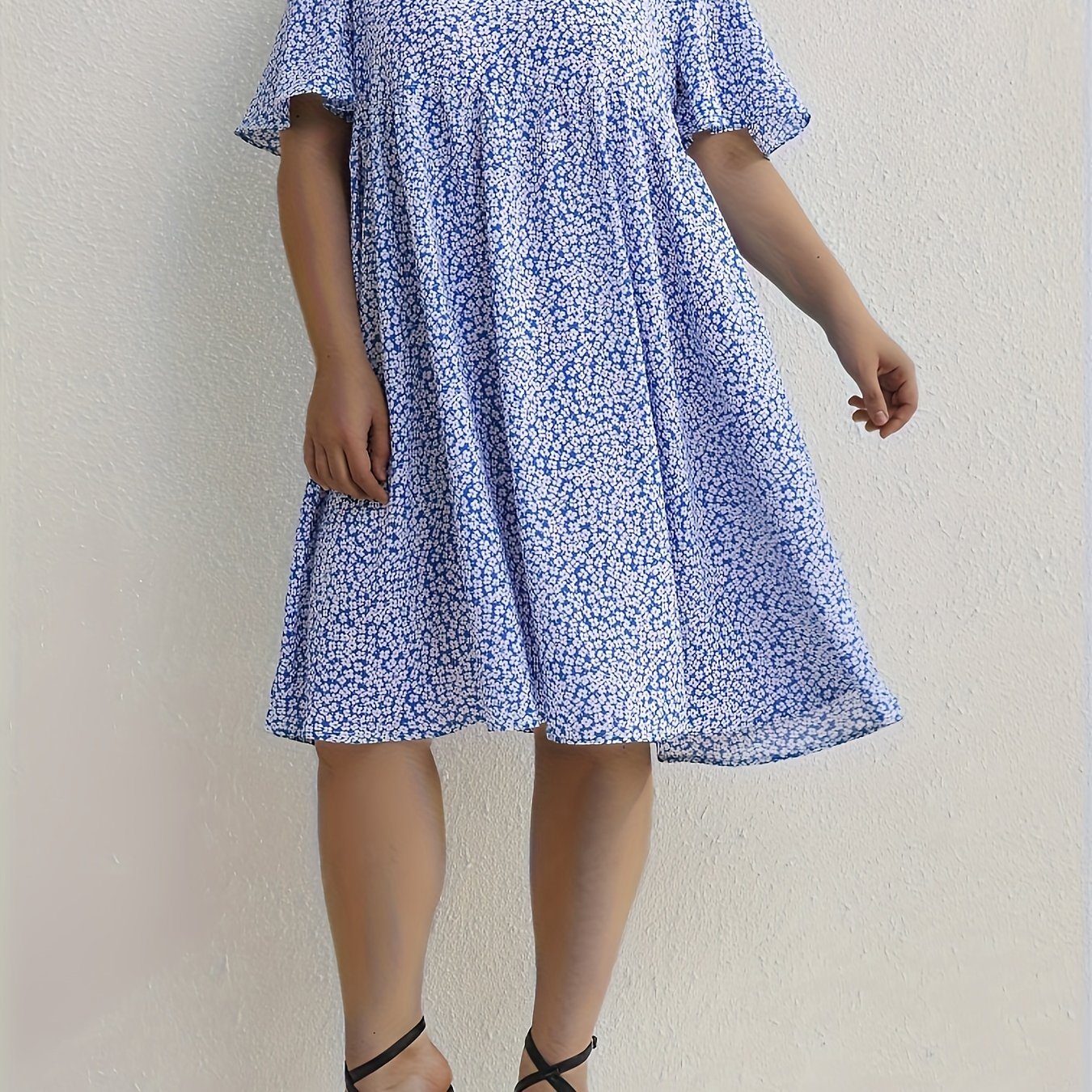 Floral Print V Neck Dress Cap Sleeve Casual Stretch Women's