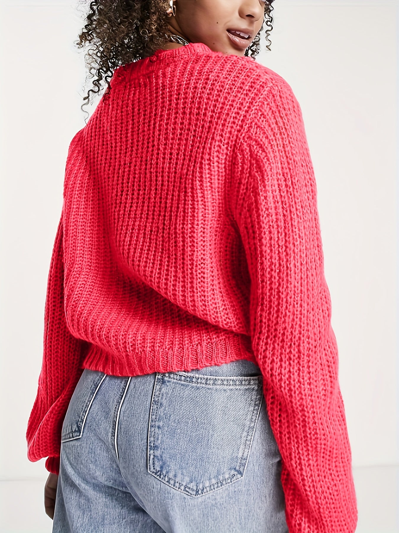 Solid Crew Neck Pullover Sweater Long Sleeve Loose Sweater Women's Clothing