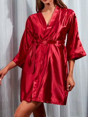 Satin V Neck Night Robe 3 4 Sleeve with Belt