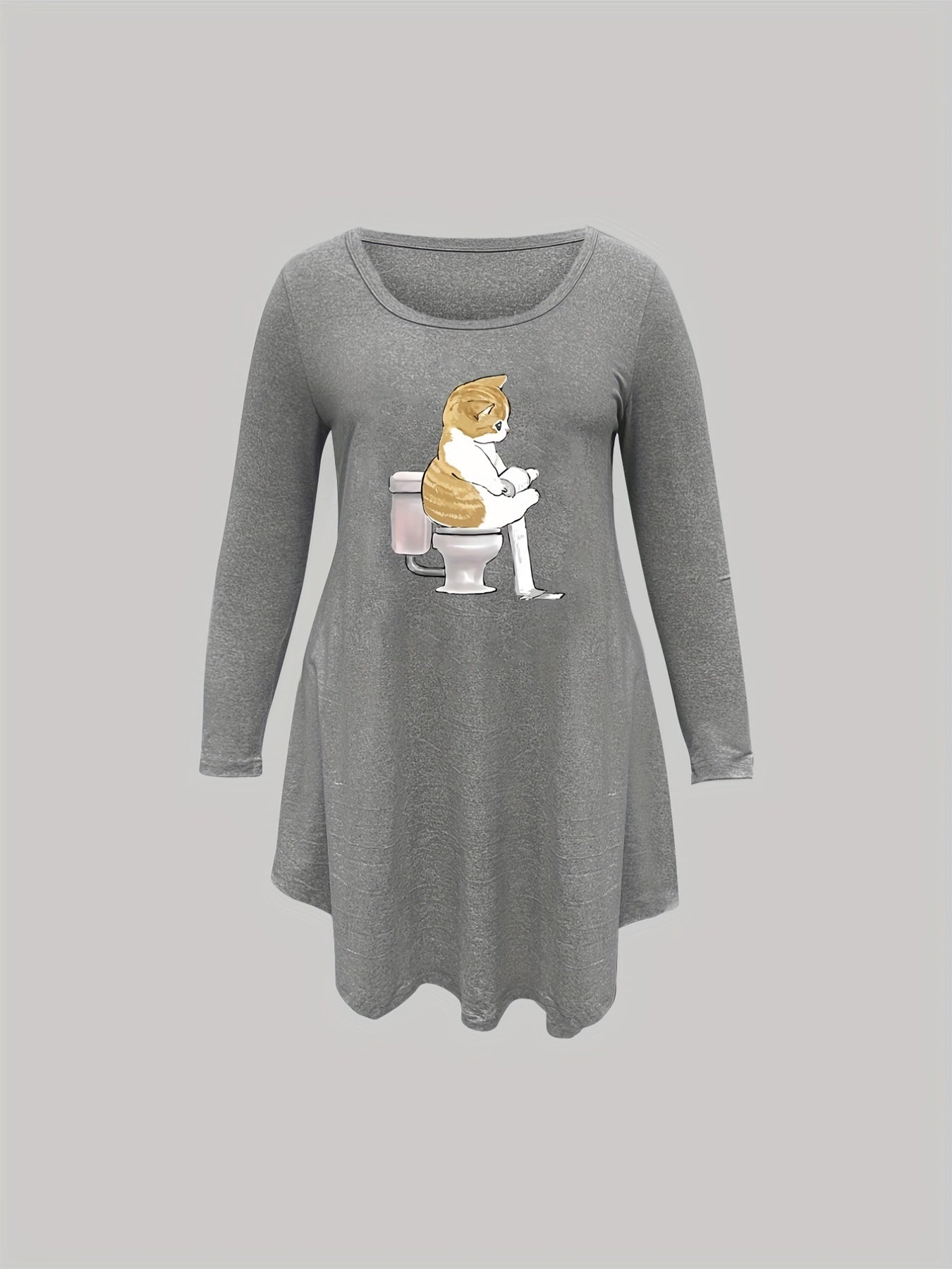Cat Print Long Sleeve Nightdress Round Neck High Stretch Sleep Dress