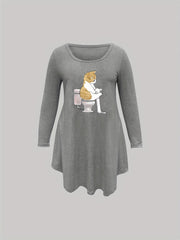 Cat Print Long Sleeve Nightdress Round Neck High Stretch Sleep Dress
