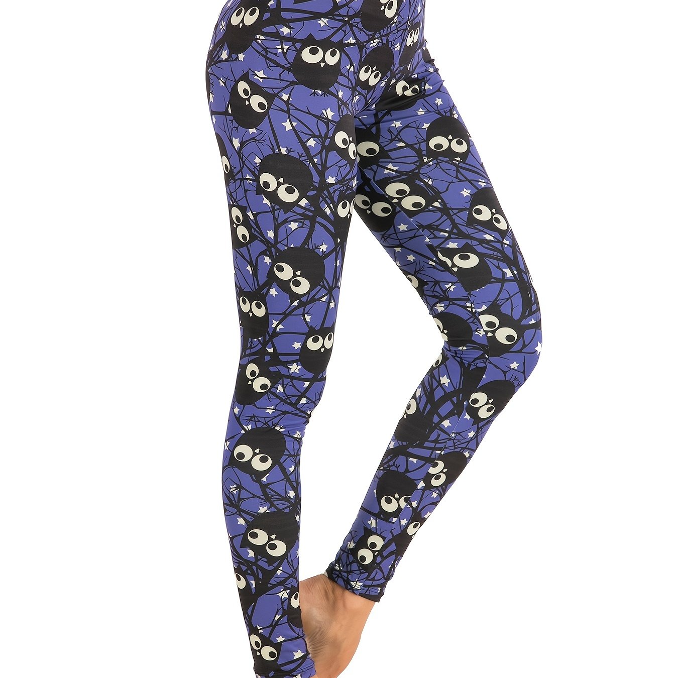 Cartoon Owl Print High Waist Leggings Skinny Stretchy Long Length