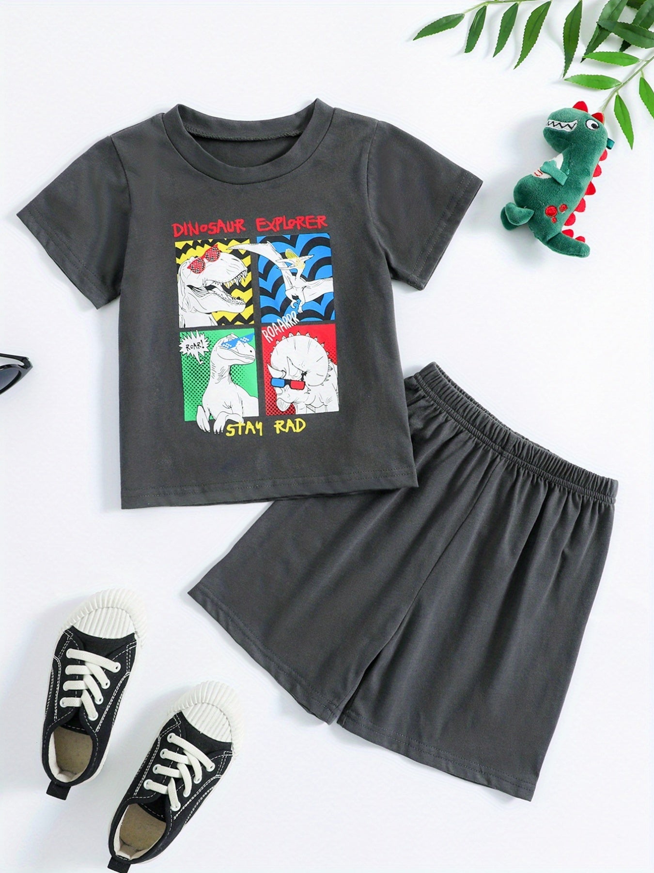 2pcs Boys Teen Dinosaur T-shirt & Shorts Set for Summer