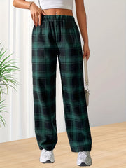 Plaid Print Straight Leg Pants Elastic Waist Casual Pants