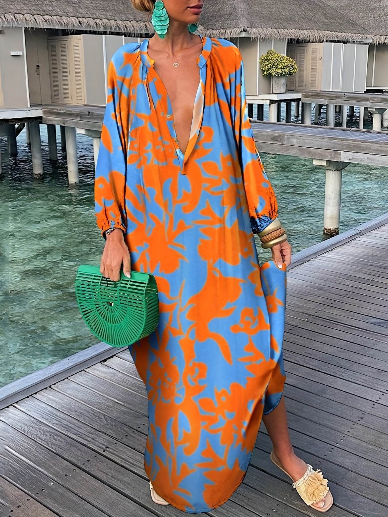 Graphic Print Long Sleeve Maxi Dress Women's Clothing