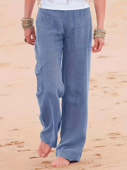Solid Elastic Waist Loose Cargo Pants