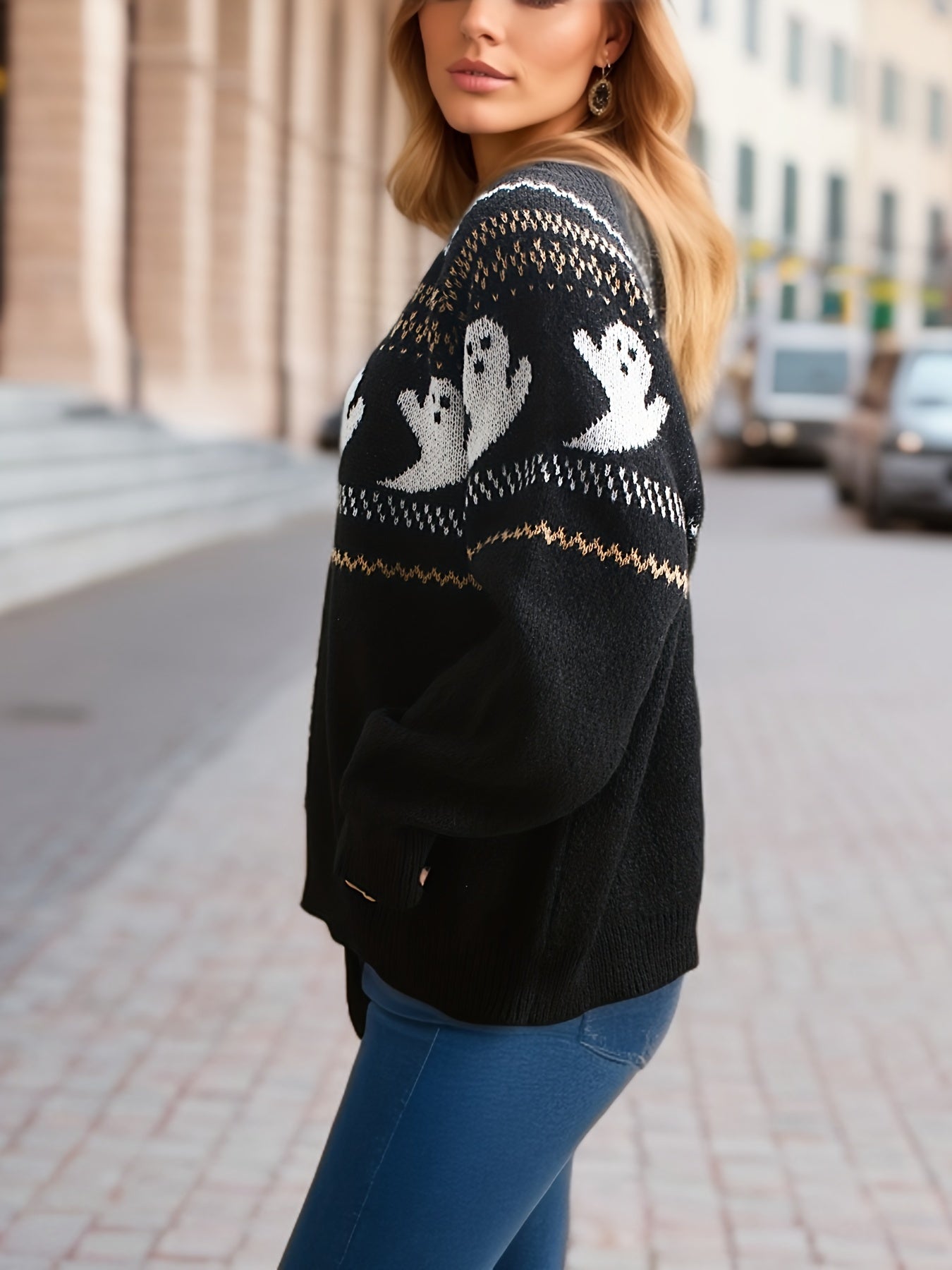 Women's Plus Ghost Print Sweater Round Neck Jumper