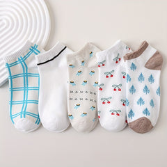 5 Pairs Floral Pattern Socks & Ankle Socks Women's Stockings