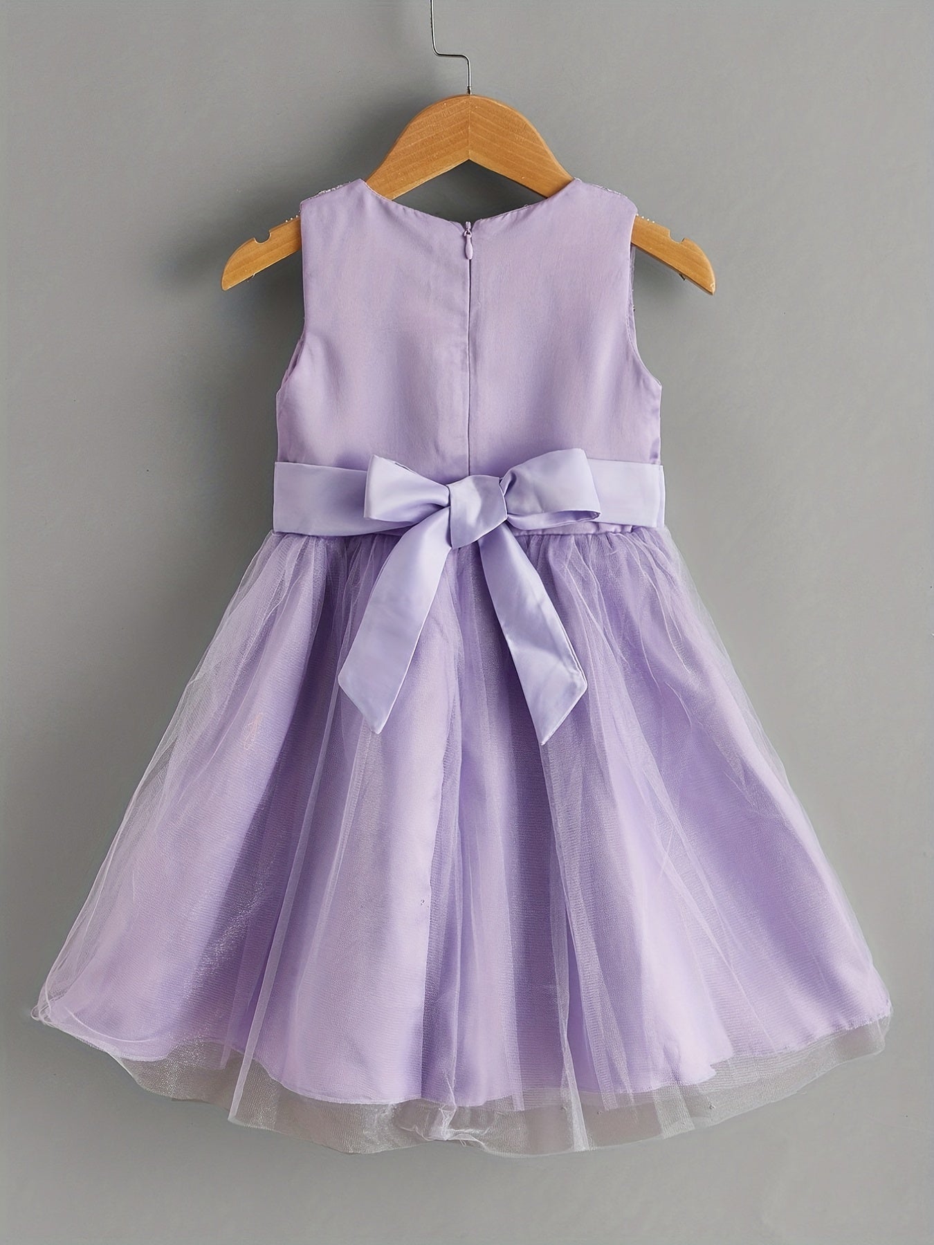 Toddler Girls Sleeveless Sequin Flowers Bow Front Mesh Princess Dress