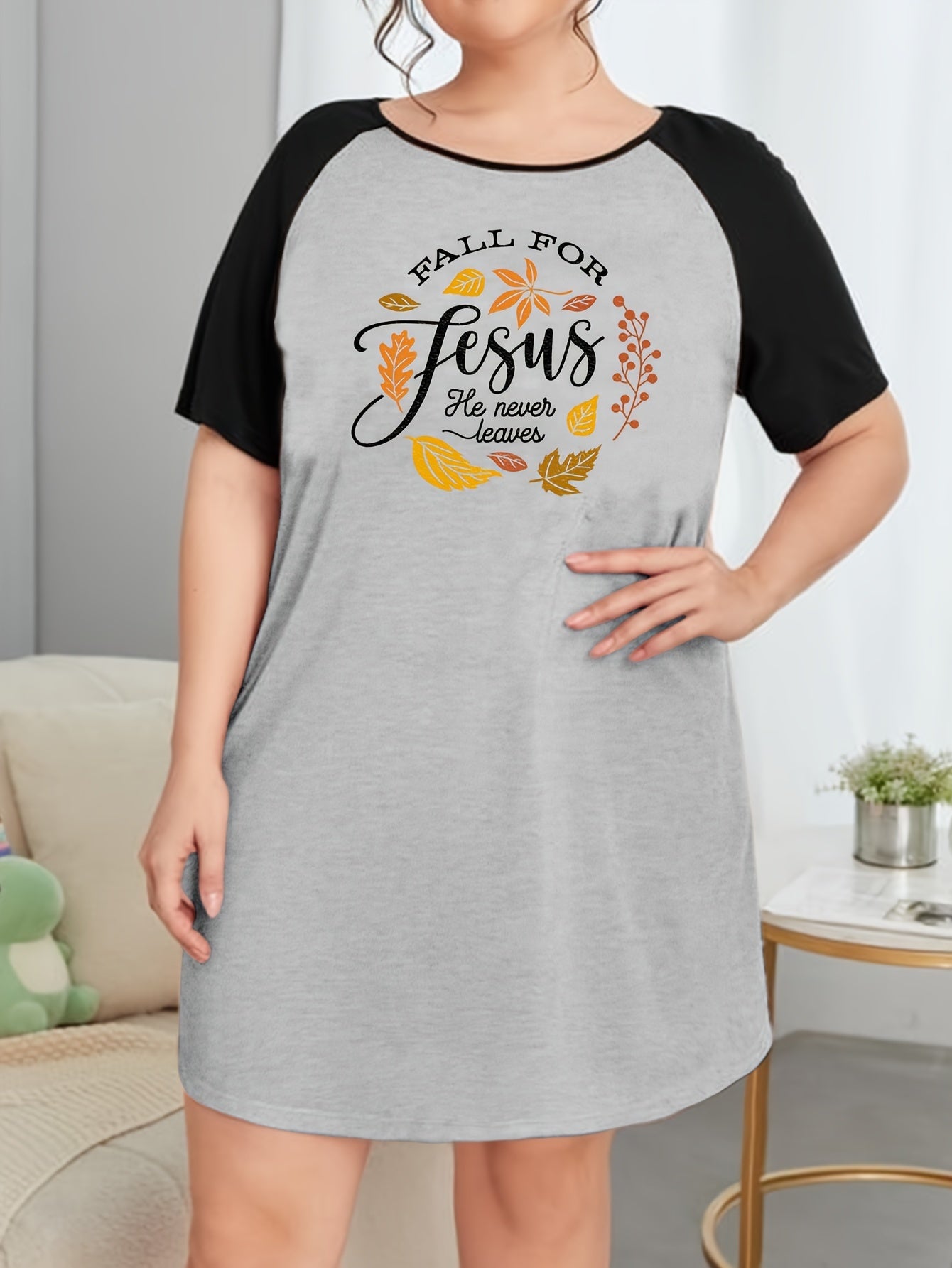 Maple Leaf & Letter Print Nightdress Raglan Sleeve Tee Sleep Dress