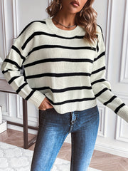 Striped Pattern Crew Neck Knitted Top Long Sleeve Pullover Sweater