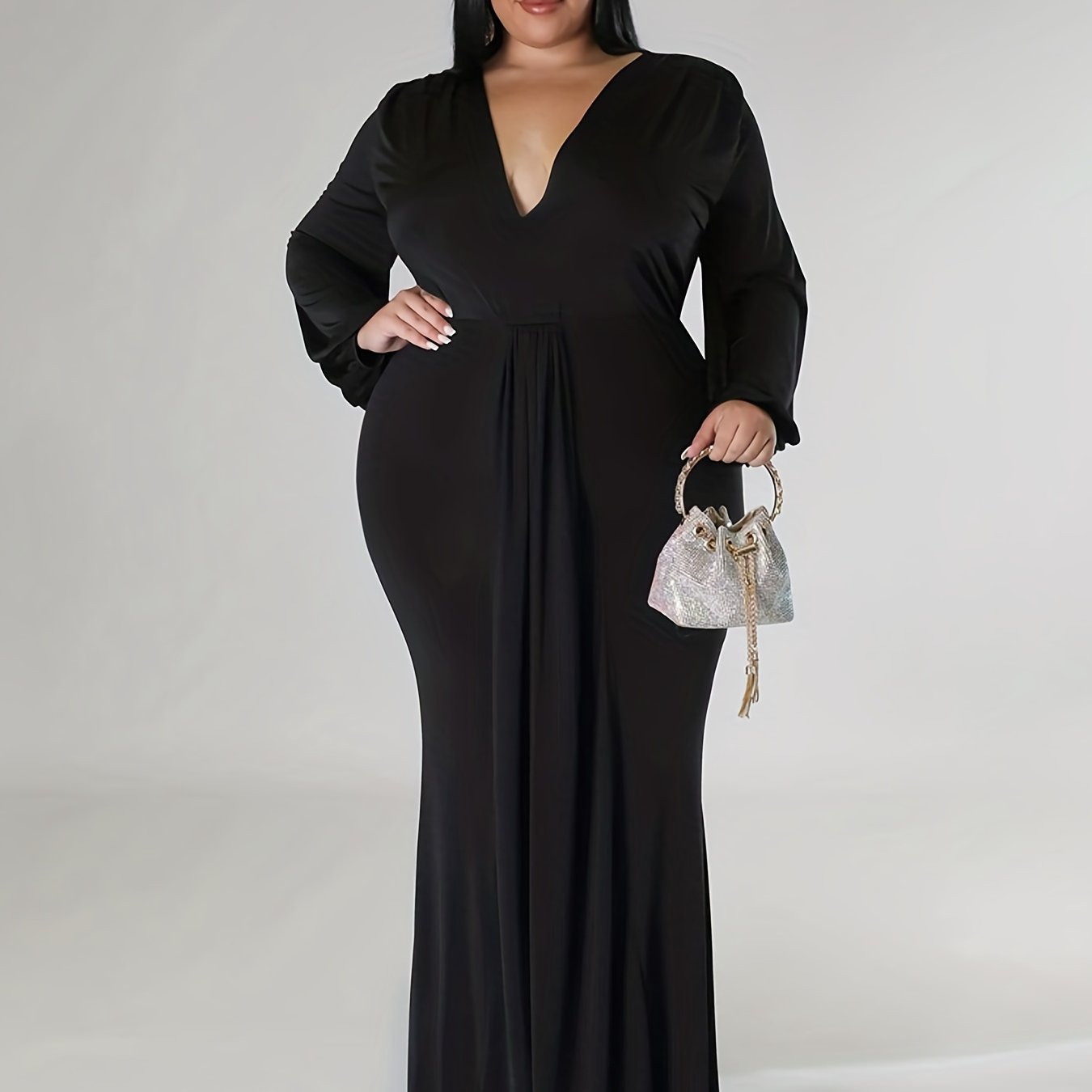 Sexy Dress Solid Lantern Sleeve V Neck High Split Maxi Dress