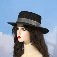 Rhinestone Strap Sun Hat M Label Decor Straw Jazz Hat Flat Top Fedora Cap