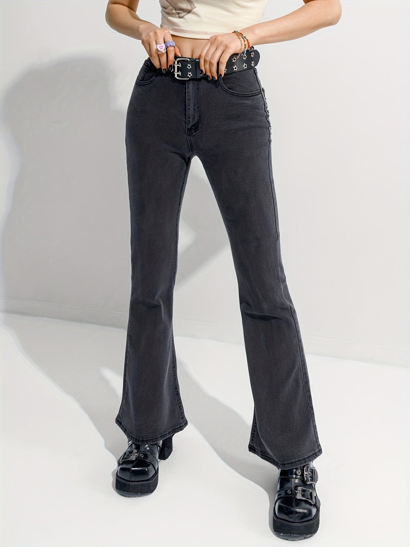 Heart Shape Flare Leg Jeans High Rise Denim Pants
