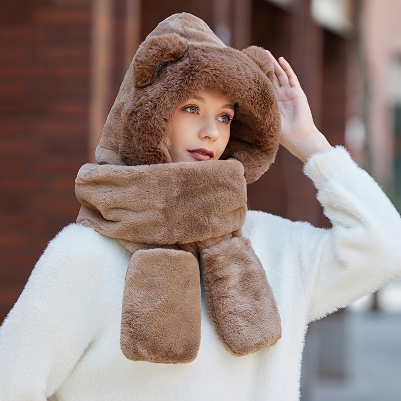 Women's Winter Warm 3 In 1 Set Plush Hat Scarf Gloves