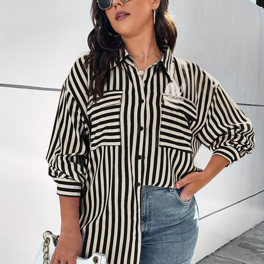 Stripe Print Long Sleeve Button Up Shirt Top