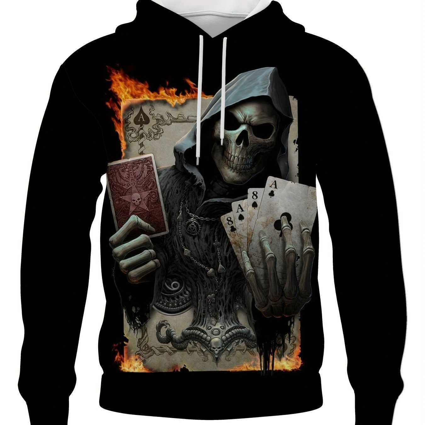Y2K Skull Poker Print Hoodie Mens Autumn Winter