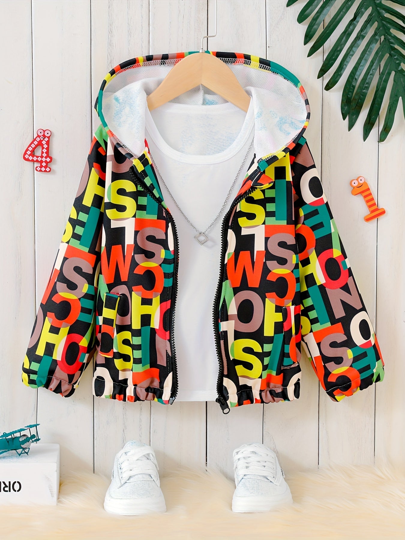 Boys Letter Hooded Long Sleeves Zip Jacket