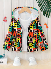 Boys Letter Hooded Long Sleeves Zip Jacket
