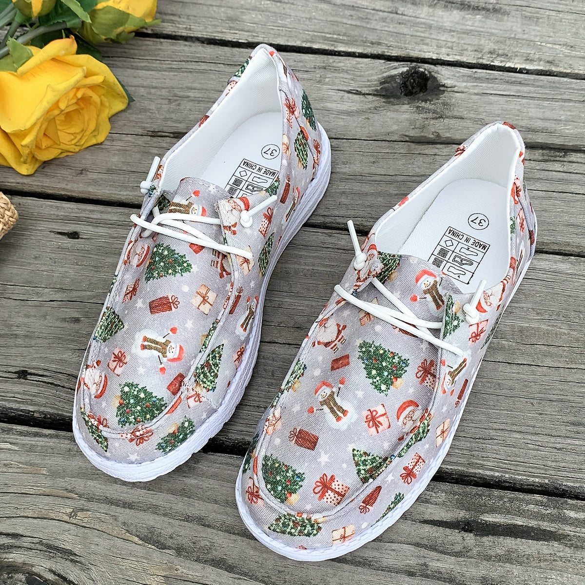 Christmas Snowman Santa Tree Cartoon Print Slip on Sneakers Lightweight Low