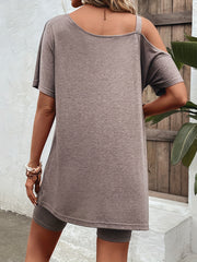 Solid Casual Two piece Set Slanted Shoulder Split Tops & Slim Shorts