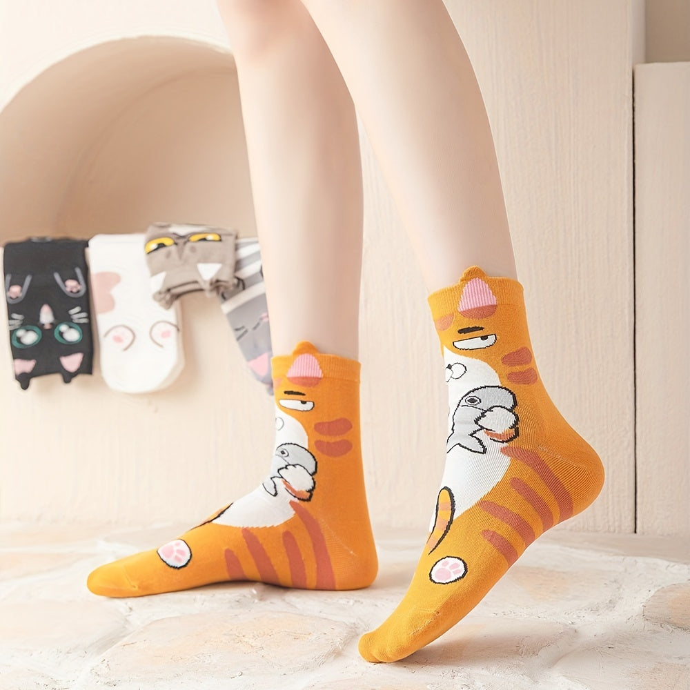 Girls Cartoon Graffiti Cats Pattern Crew Socks Pack of 5