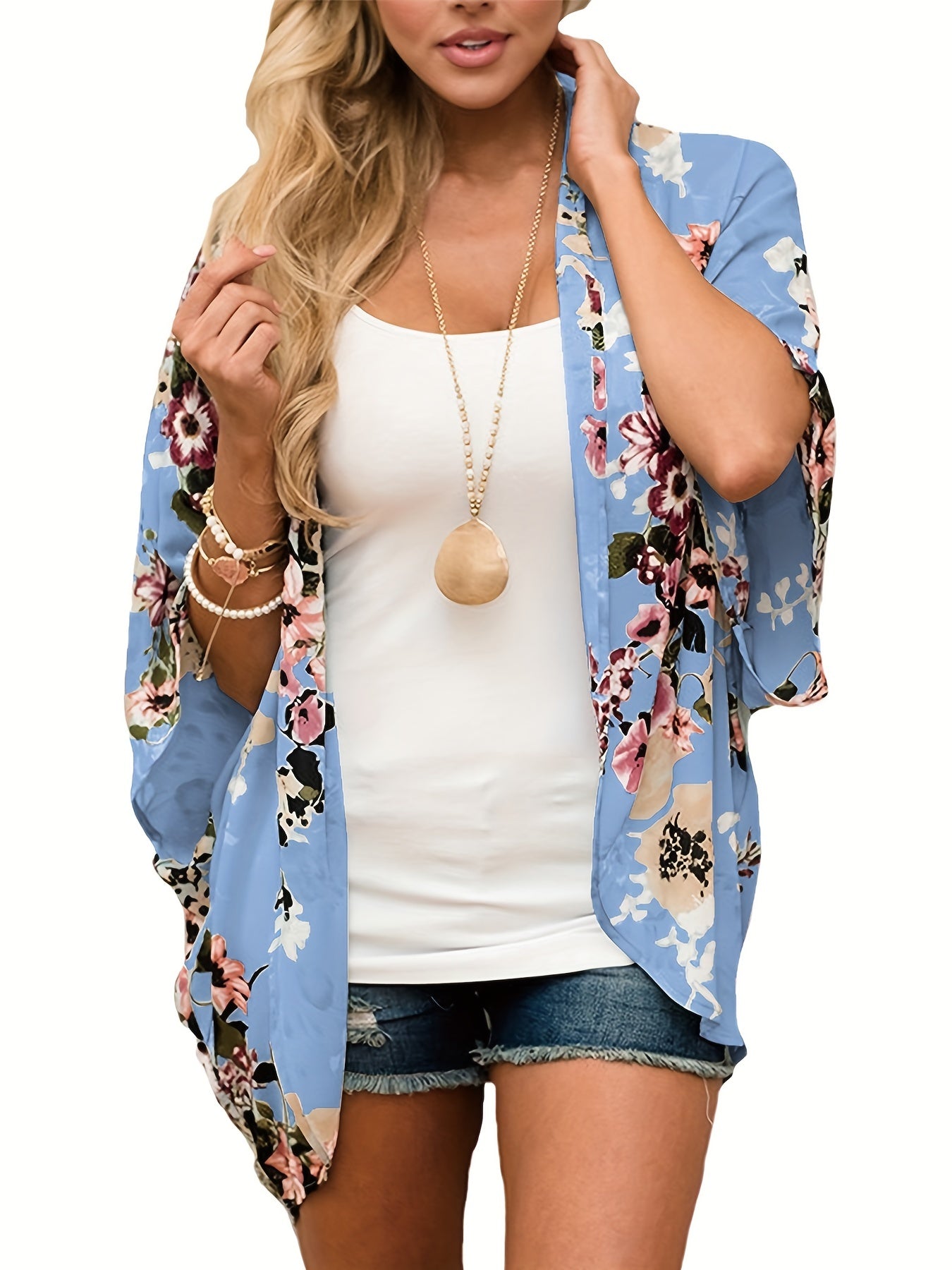 Floral Print V Neck Cover Up Puff Sleeve Kimono