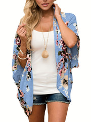 Floral Print V Neck Cover Up Puff Sleeve Kimono