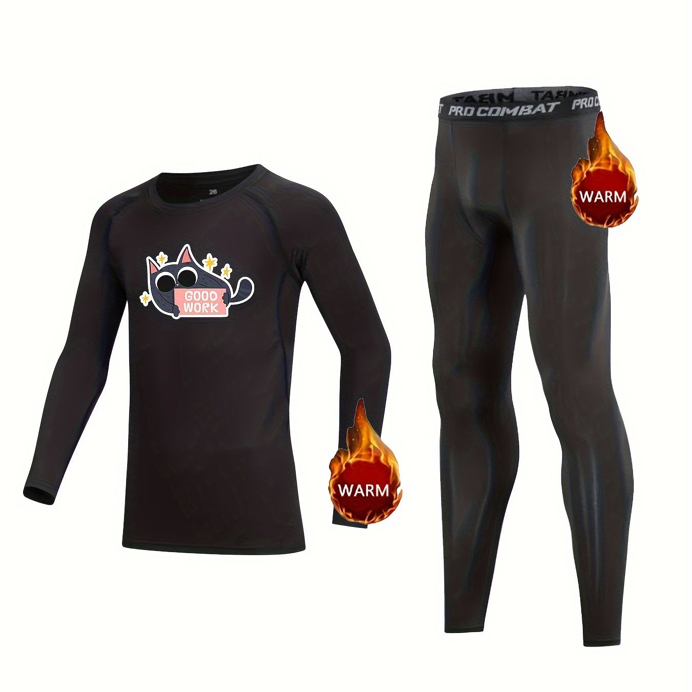 Kids Compression Fleece Sets Cat Pattern Pullover & Elastic Waist Pants