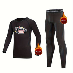 Kids Compression Fleece Sets Cat Pattern Pullover & Elastic Waist Pants