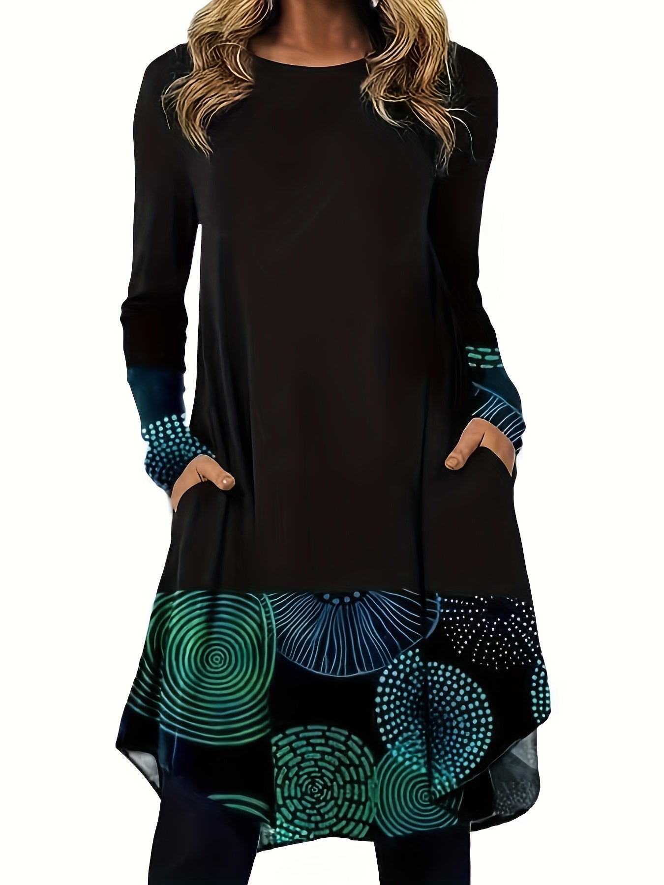 Colorblock Graphic Print Long Sleeve Round Neck Dress With Pockets