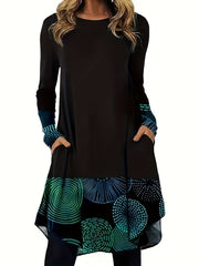 Colorblock Graphic Print Long Sleeve Round Neck Dress With Pockets