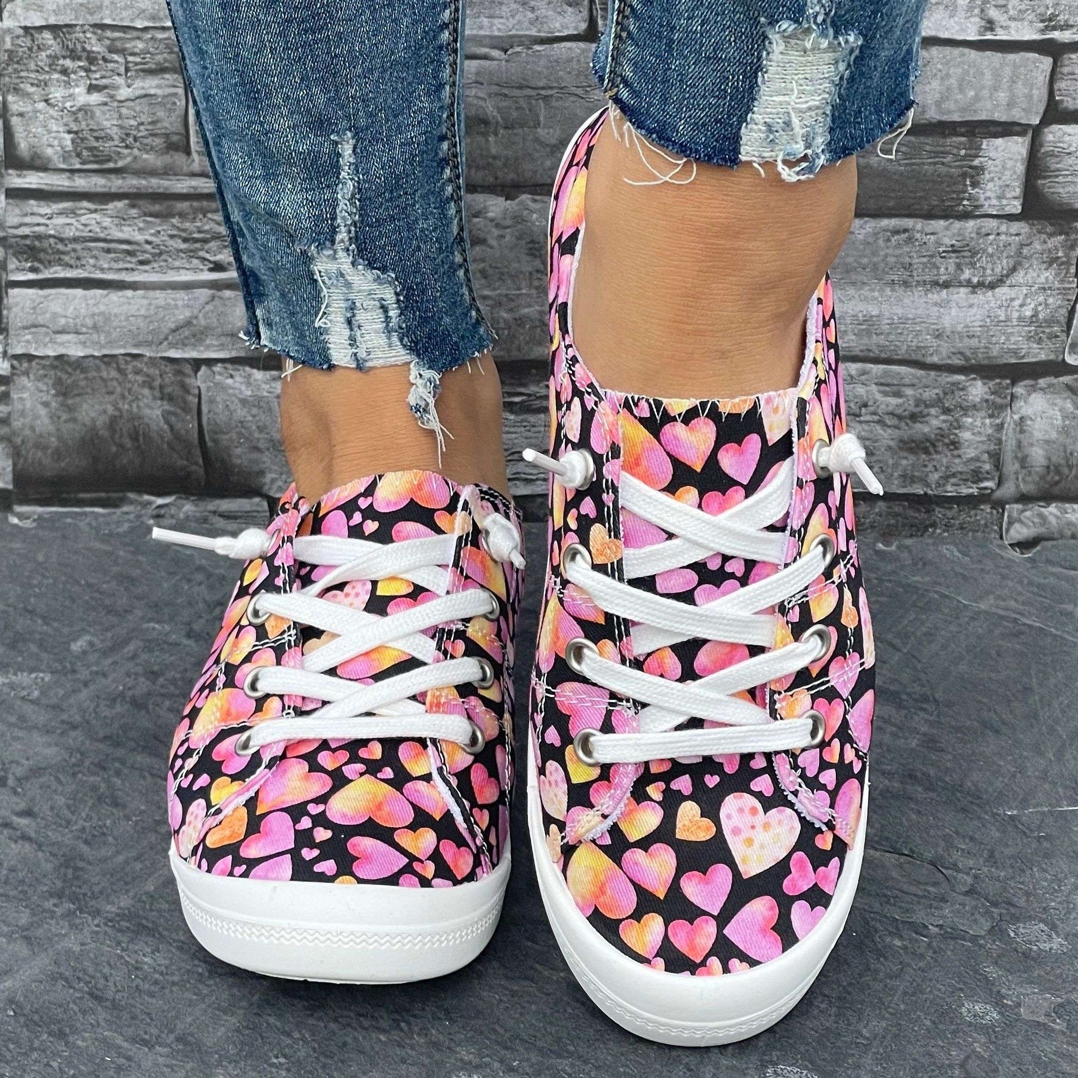 Love Heart Pattern Flat Shoes Slip On Casual Lightweight Soft Comfortable Walkin